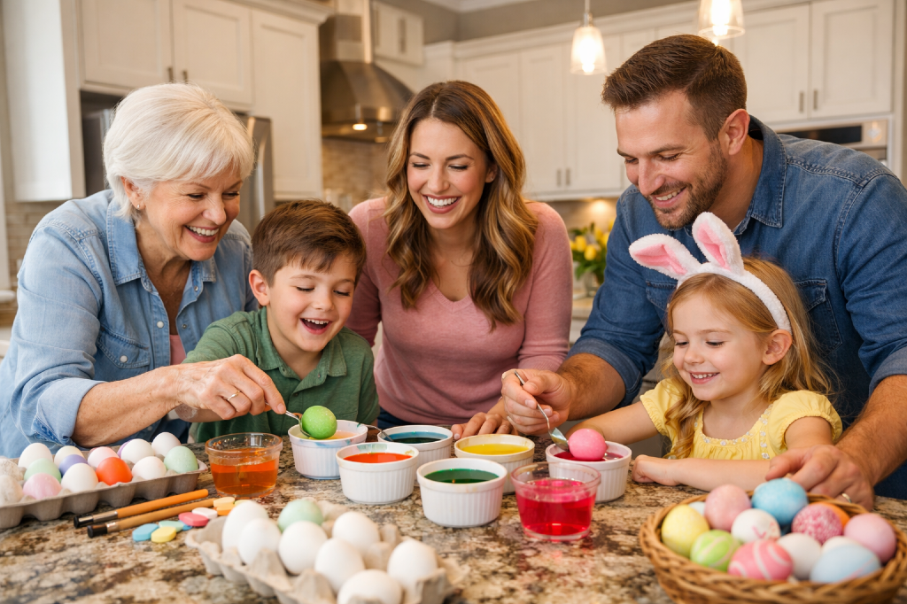 granite countertop is perfect for dying Easter eggs with the family